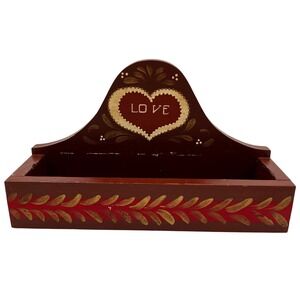 Wall‎ Organizer Folk Art Wood Love Heart Burgundy Red Rustic Box